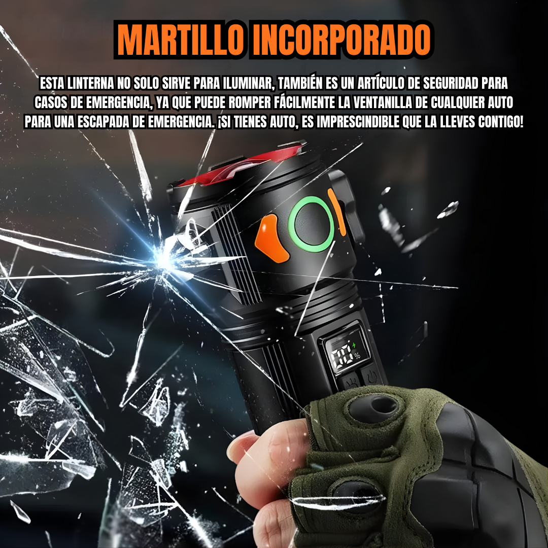 LINTERNA TÁCTICA RECARGABLE CON MARTILLO INTEGRADO